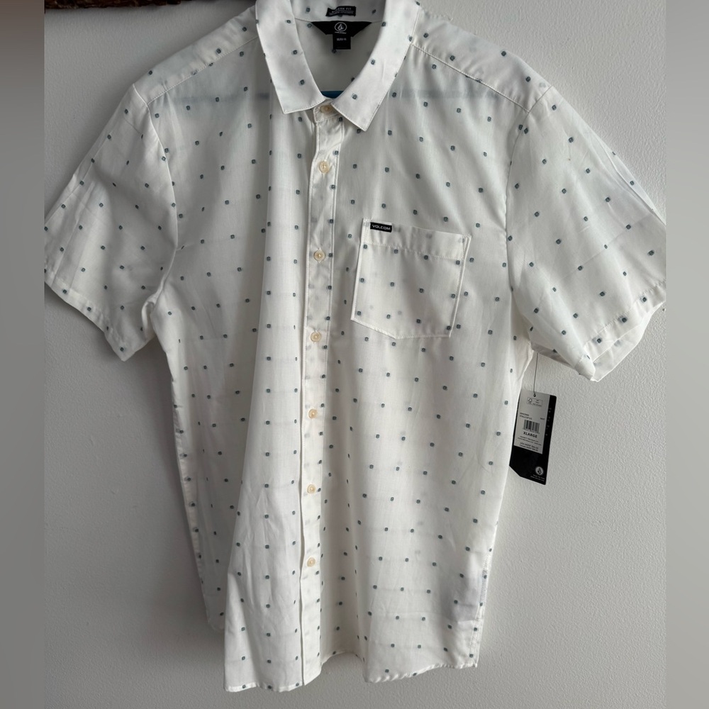 Volcom White Shirt with Blue Dots